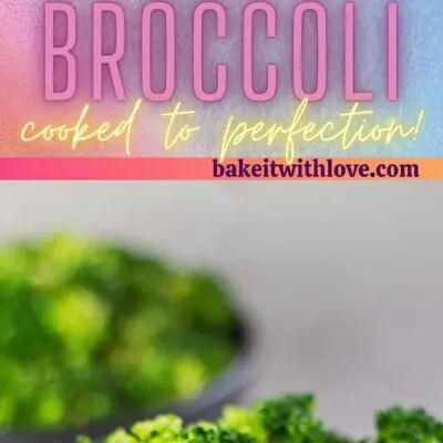 Tall pin with 2 images of the microwave steamed broccoli in black bowl.