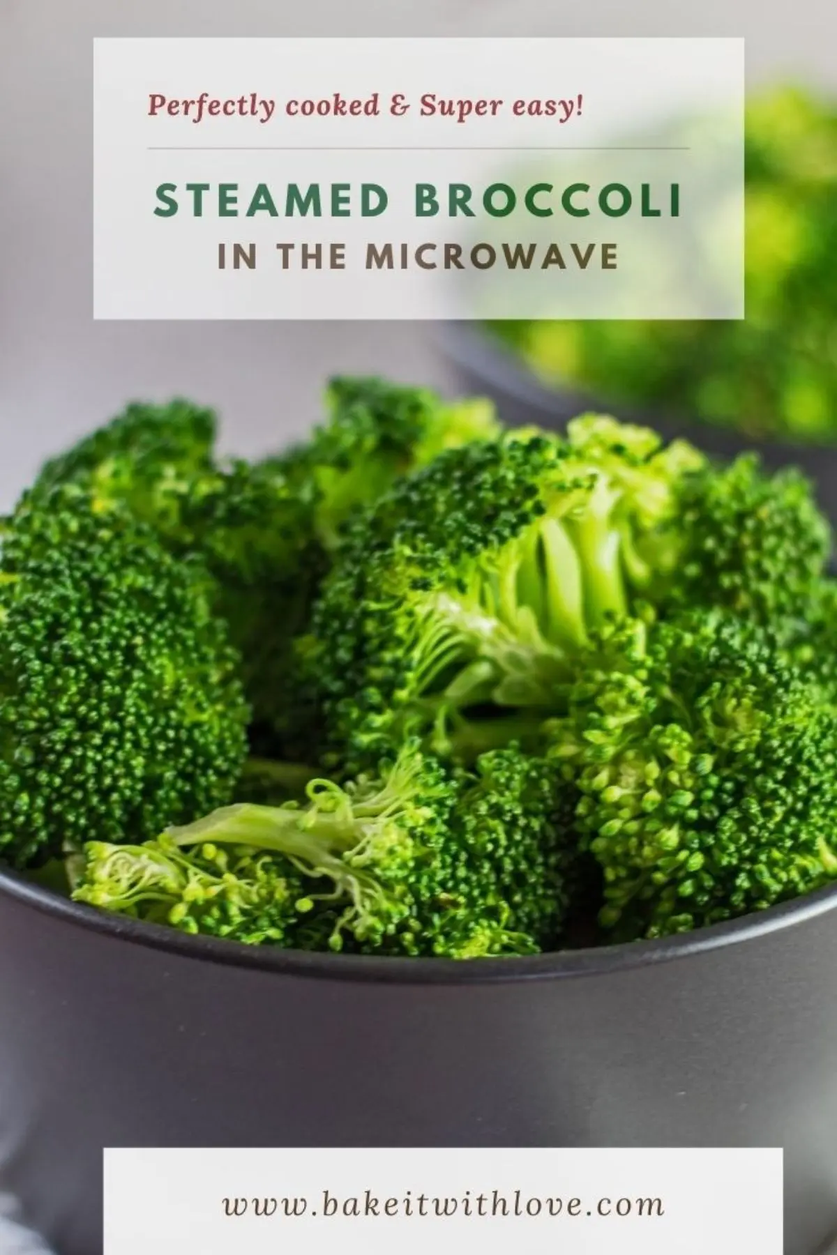 Pin with microwave steamed broccoli and text overlay.