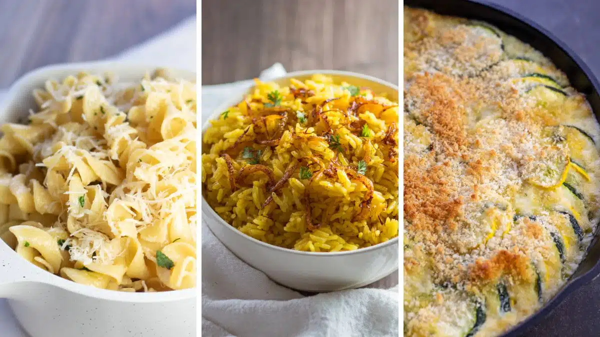 What to serve with salmon trio collage wide image featuring buttered noodles, saffron rice, and zucchini squash casserole.
