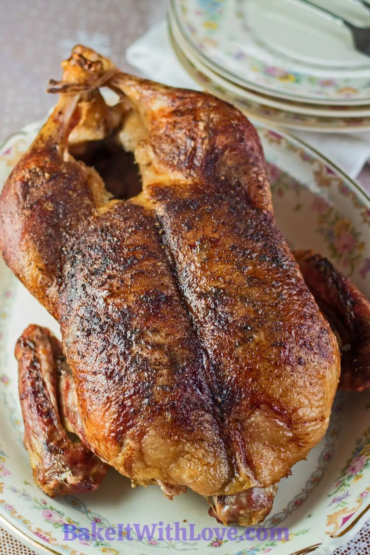 Tall overhead image of roasted duck.