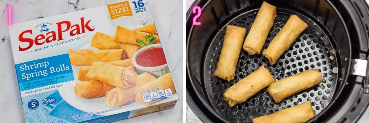 2 step by step process photos of spring rolls in packaging and air fryer basket.