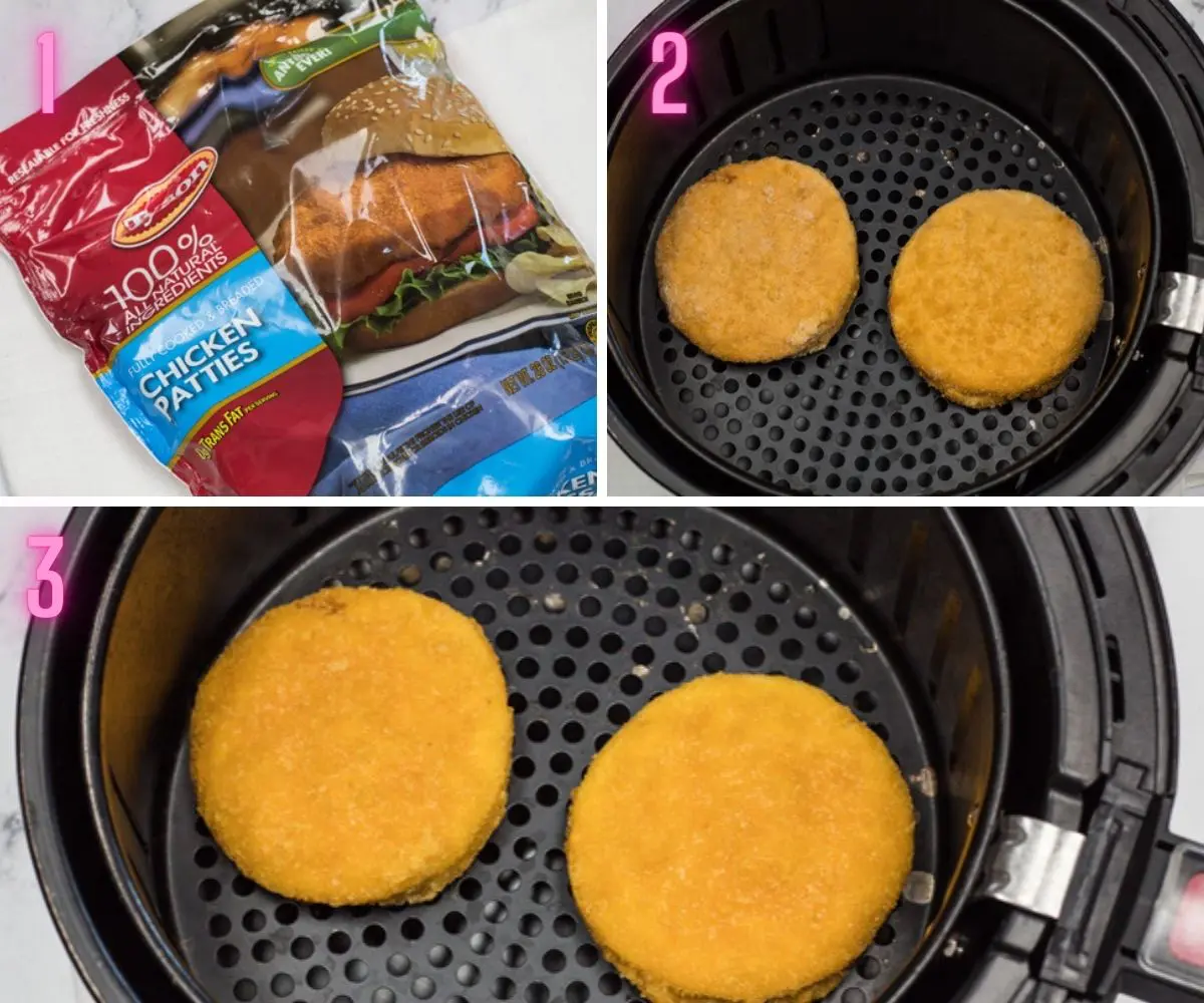 3 step by step process photos from packaged to air fried chicken patties.