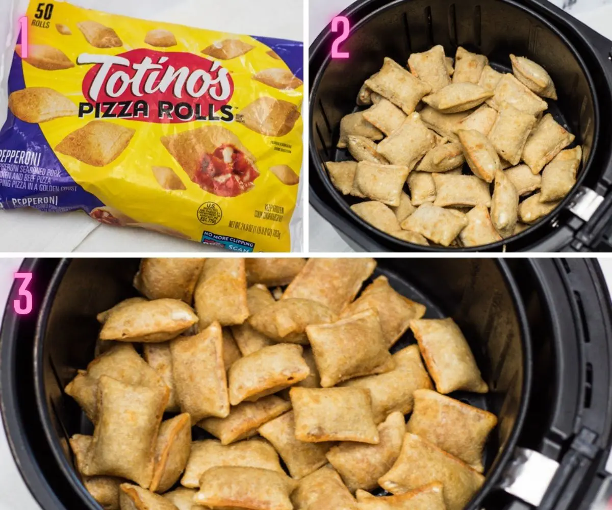 3 step by step process photos of air frying the frozen pizza rolls.