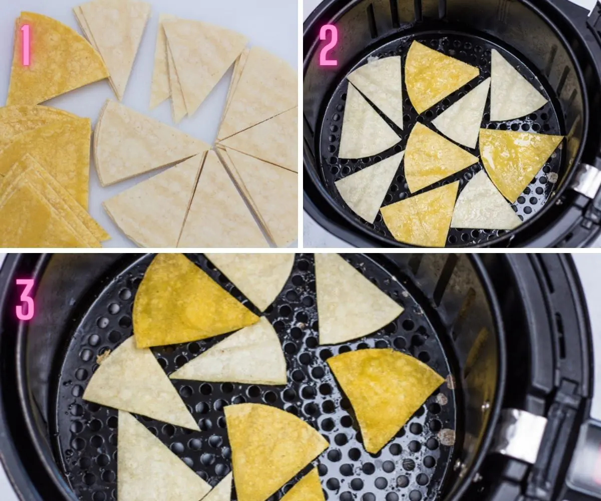 3 step by step process photos of cooking the air fryer tortilla chips.