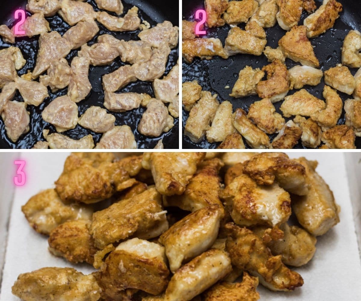 3 step by step process photos of frying the marinated chicken.