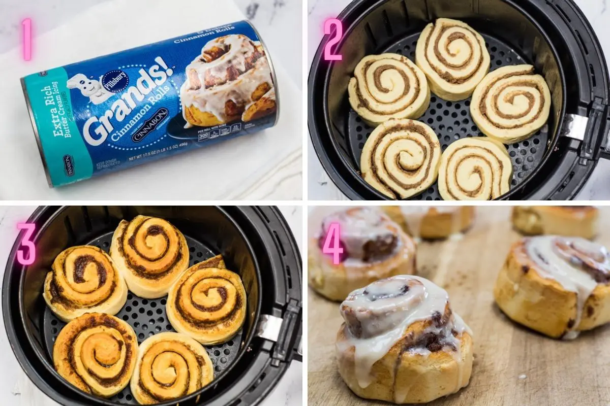 4 step by step process photos of cooking cinnamon rolls in the air fryer.
