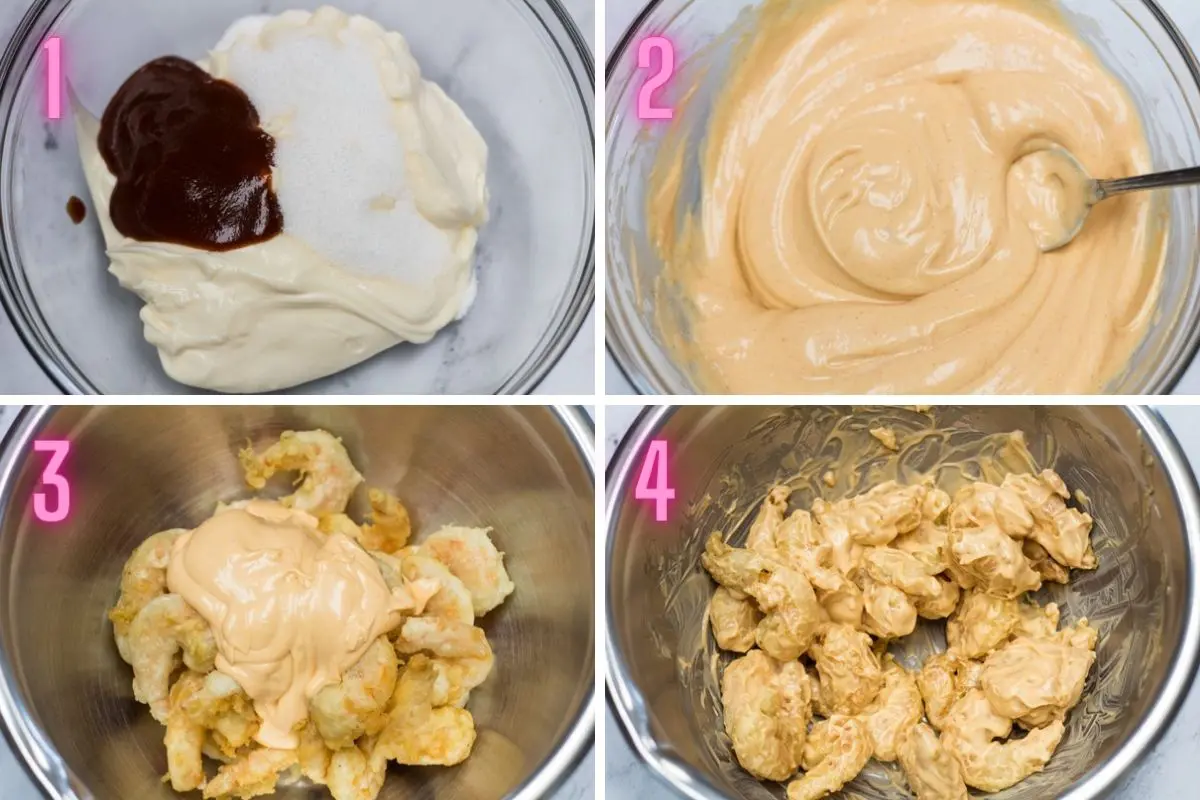 4 step by step process photos of making the dynamite sauce and tossing with fried shrimp.