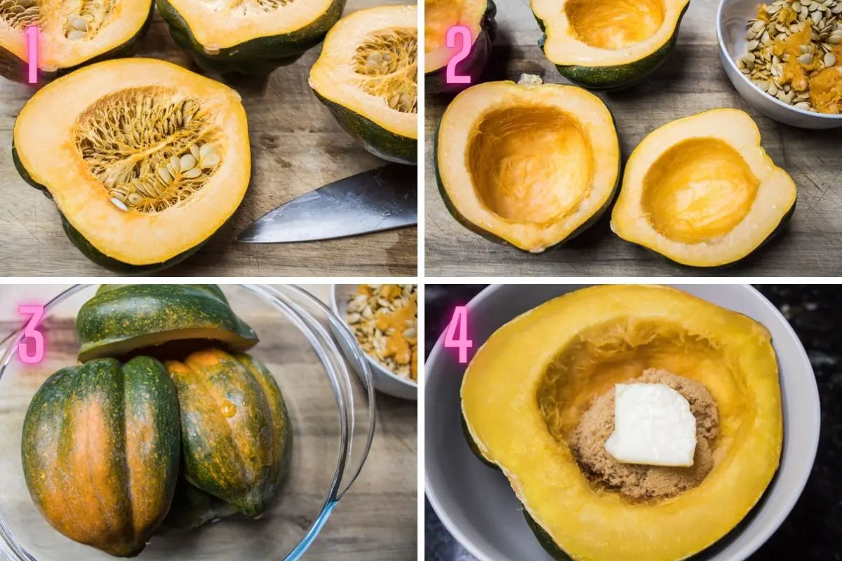 4 step by step process photos of preparing and microwave cooking the acorn squash.