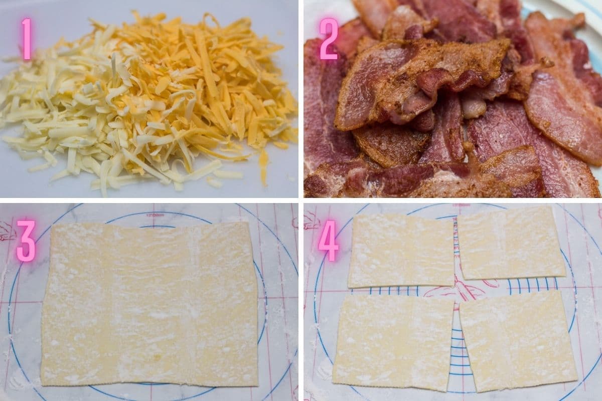 4 step by step process photos of assembling the cheese and bacon turnovers.