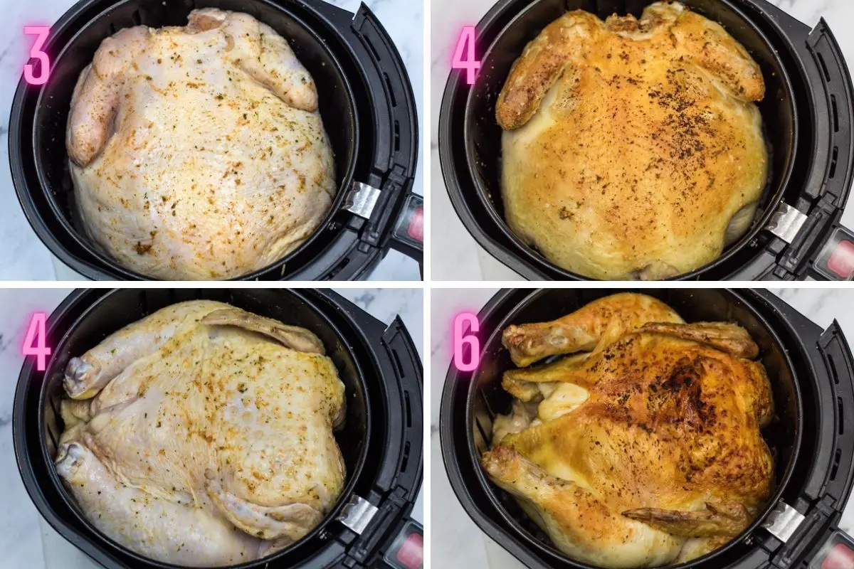 4 step by step process photos of seasoning and air frying whole chicken.
