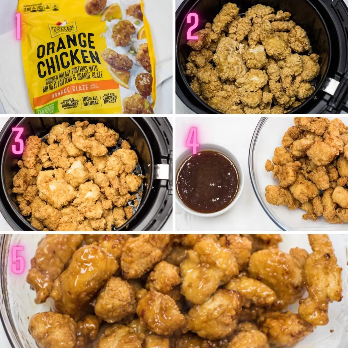 5 step by step photos of cooking the air fryer frozen orange chicken.