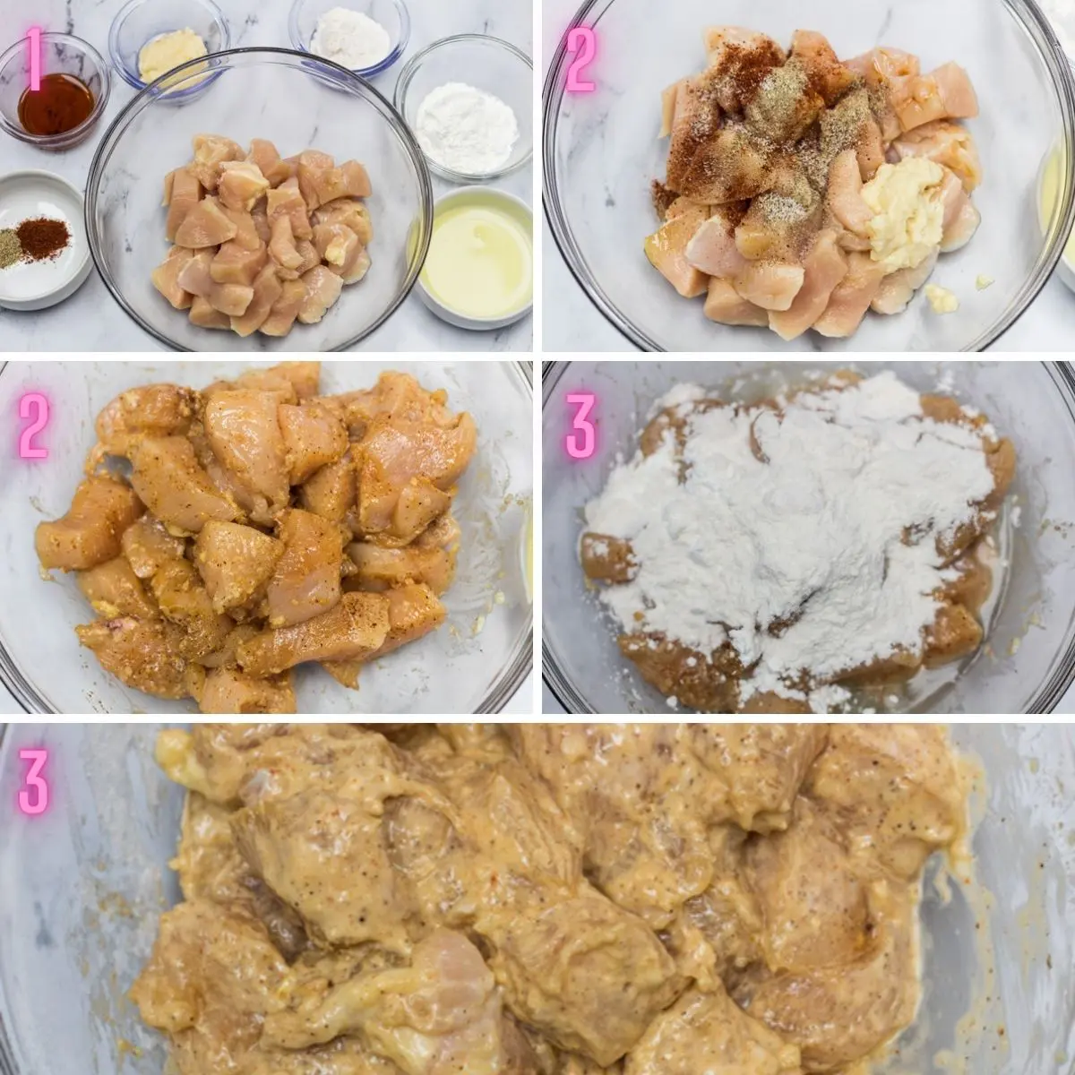 5 step by step photos of marinating the chicken.