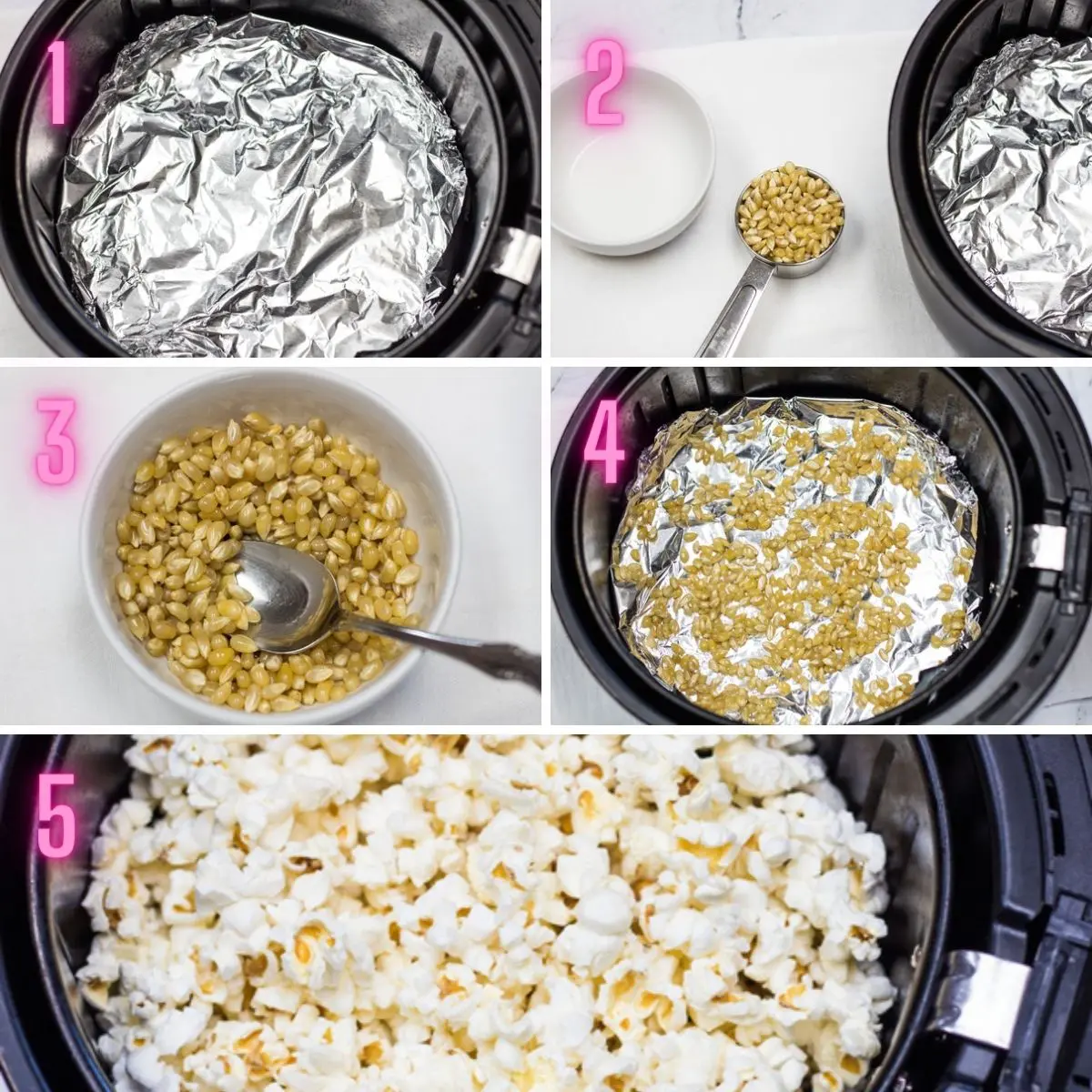 5 step by step process photos of making air fryer popcorn.
