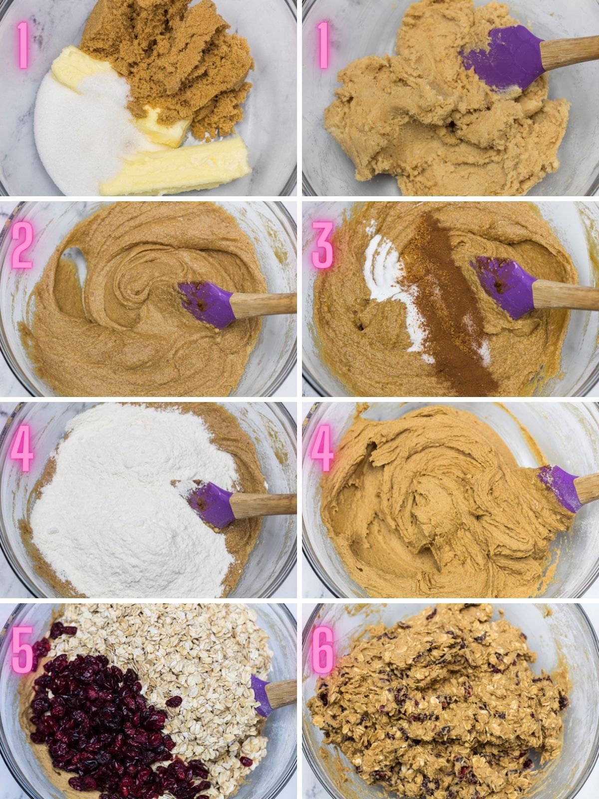 8 step by step process photos of mixing the oatmeal craisin cookie dough.