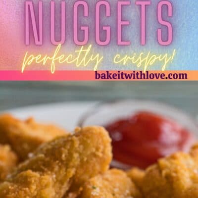 Tall pin with 2 images of the air fryer frozen chicken nuggets and ketchup.