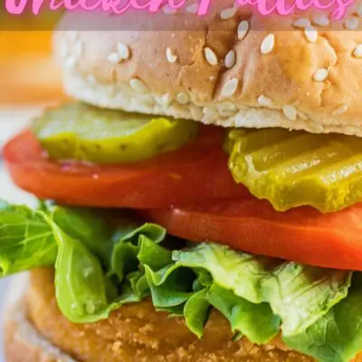 Air fryer Frozen Chicken Patties on buns with text overlay.