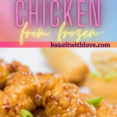 Tall pin with 2 images of the air fryer frozen orange chicken.