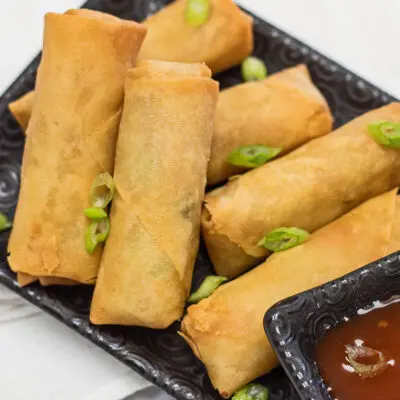 Perfectly crispy air fryer frozen spring rolls plated with dipping sauce.