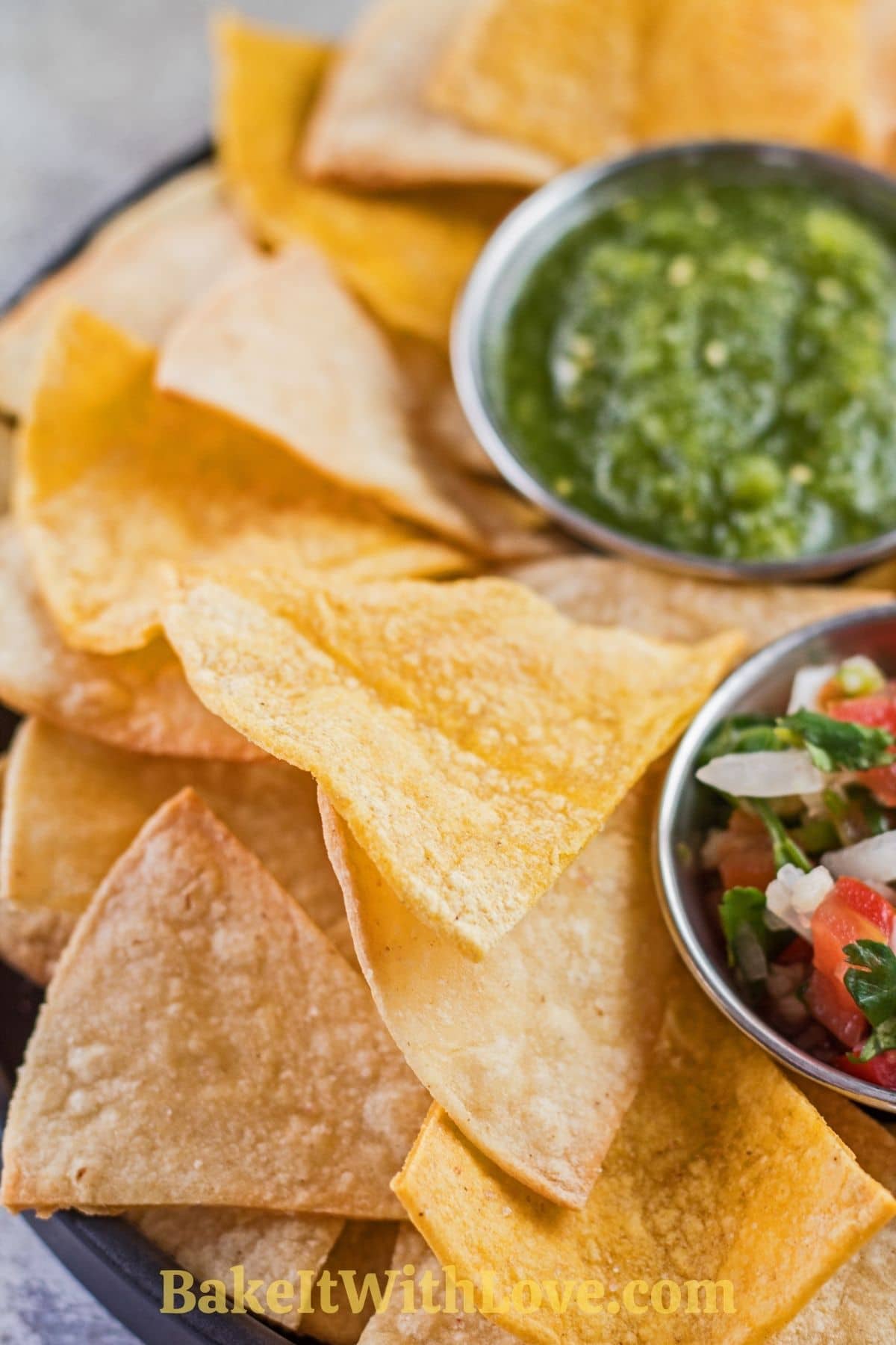 Tortilla chips de freidora servida con pico de gallo y salsa verde.