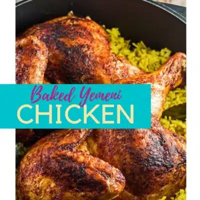 Pin with chicken mandi over smoky rice in dutch oven and text overlay.