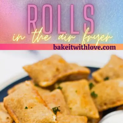 Tall pin with 2 images of the plated frozen pizza rolls after cooking in air fryer.