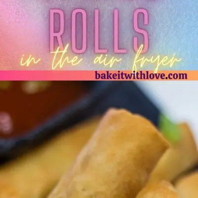 Tall pin with 2 images of the frozen spring rolls in air fryer.