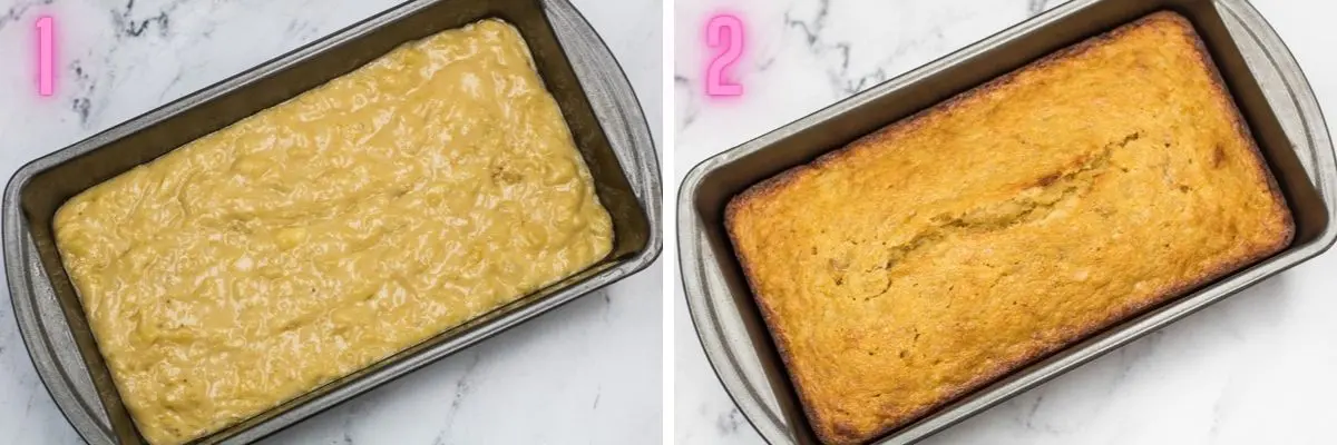 2 step by step process photos of baking the pineapple banana bread.