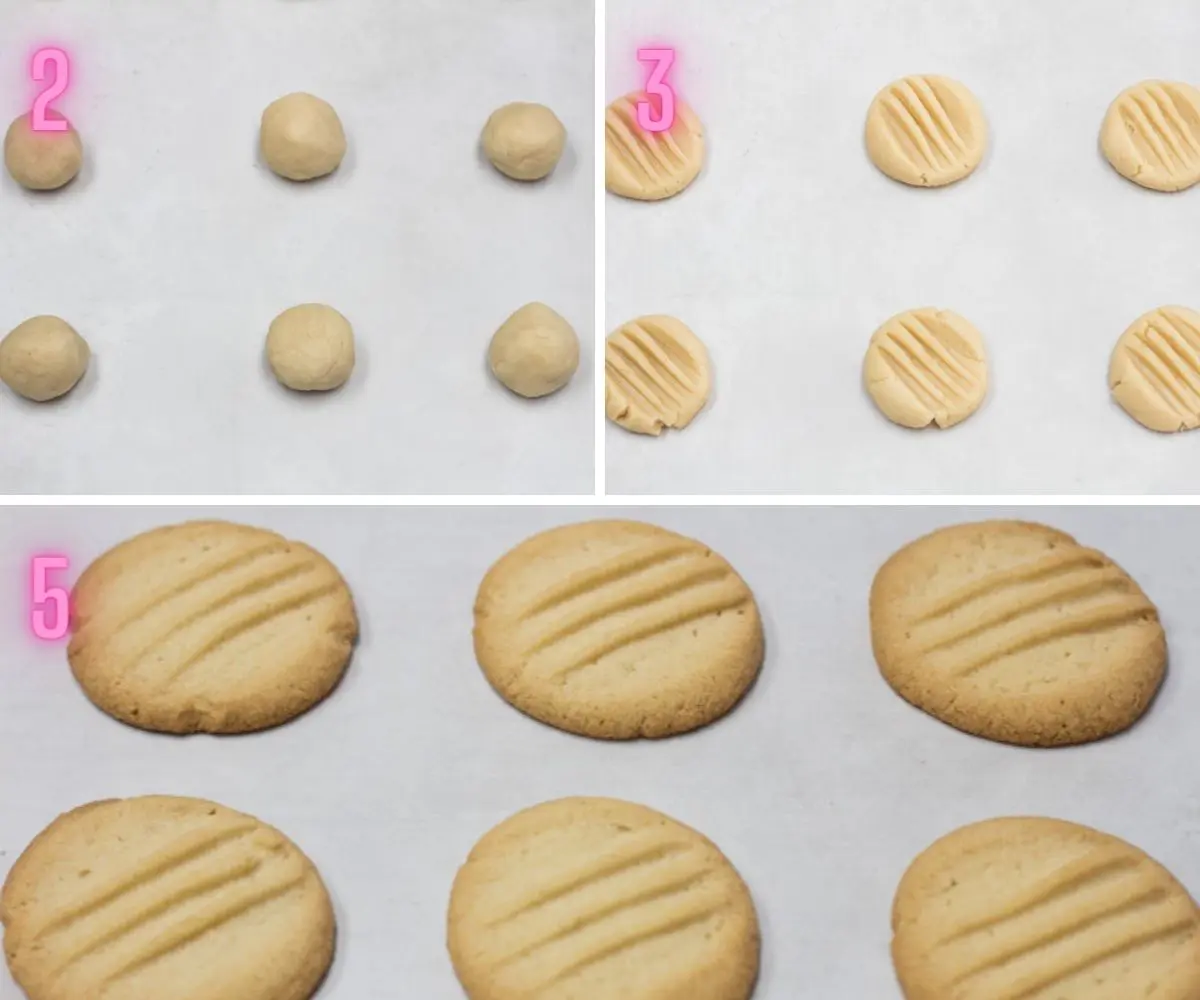 3 step by step process photos of shaping and baking the fork biscuits.