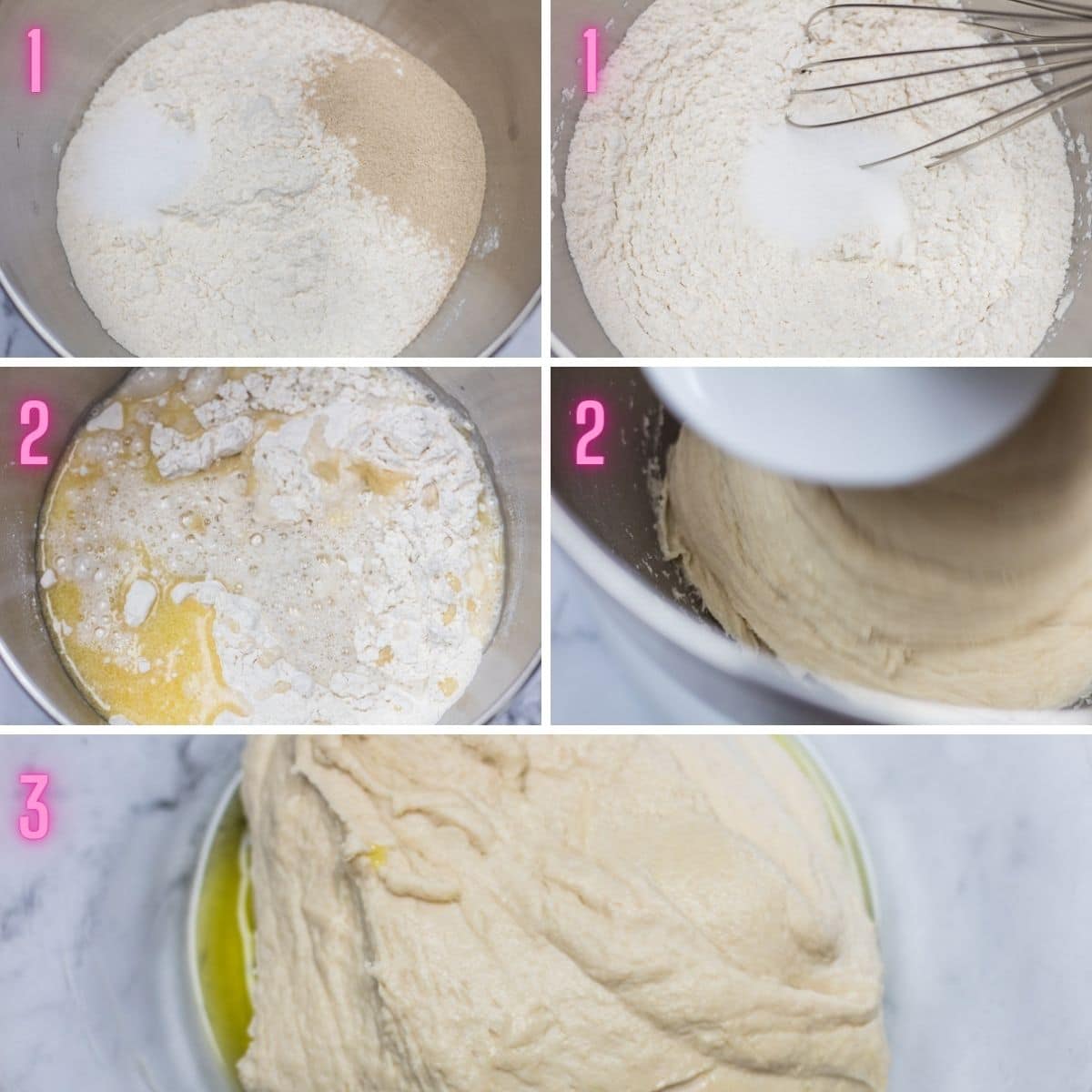 5 step by step process photos of mixing the cob loaf dough.