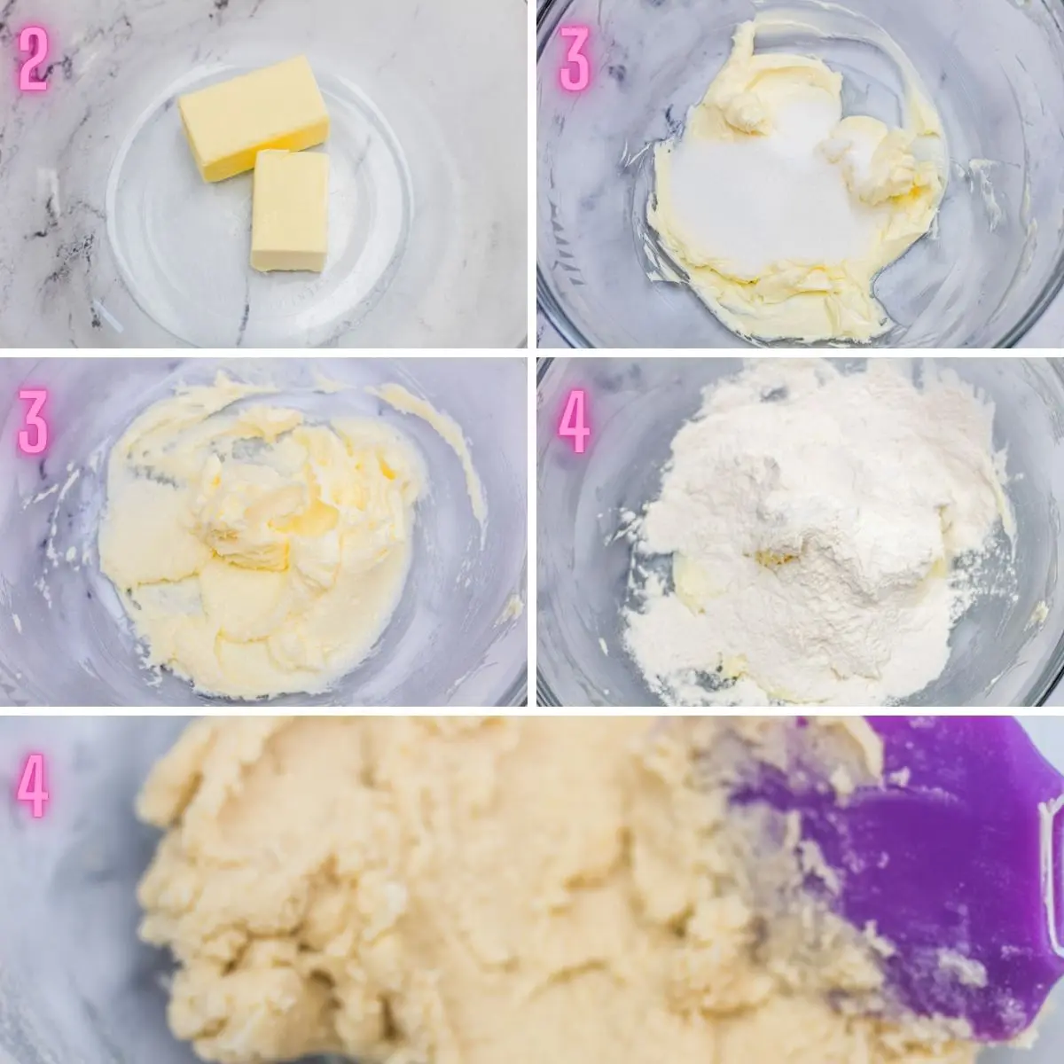 5 step by step process photos of mixing the fork biscuit dough.