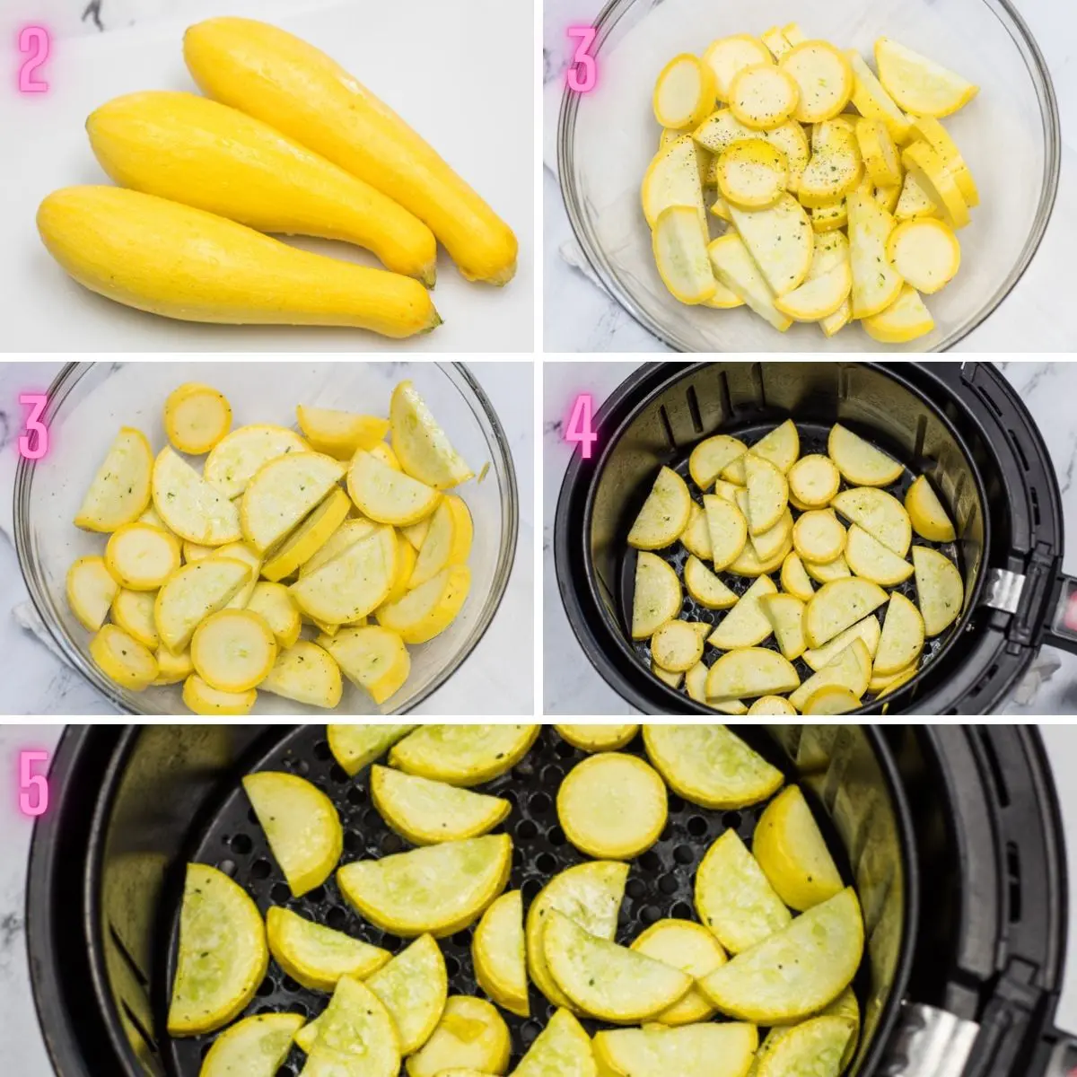 5 step by step process photos of preparing and air frying the squash.