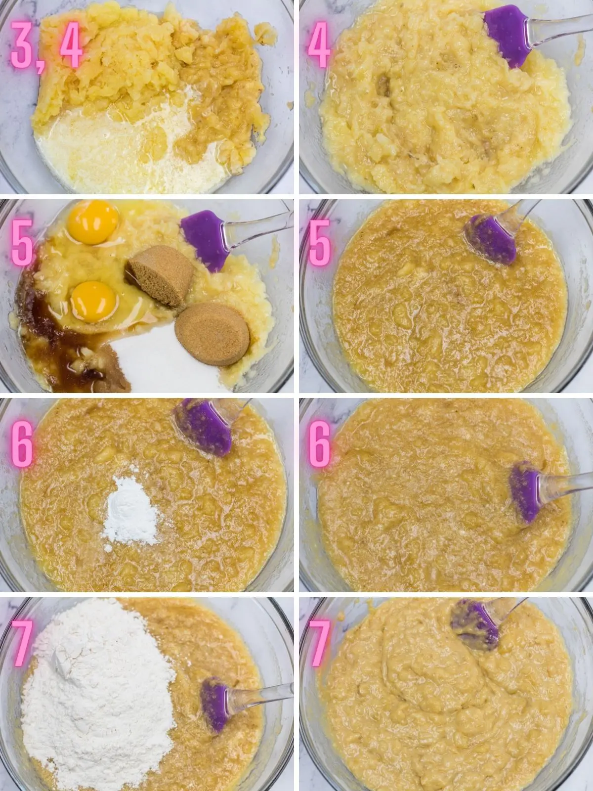 8 step by step process photos of mixing the batter.