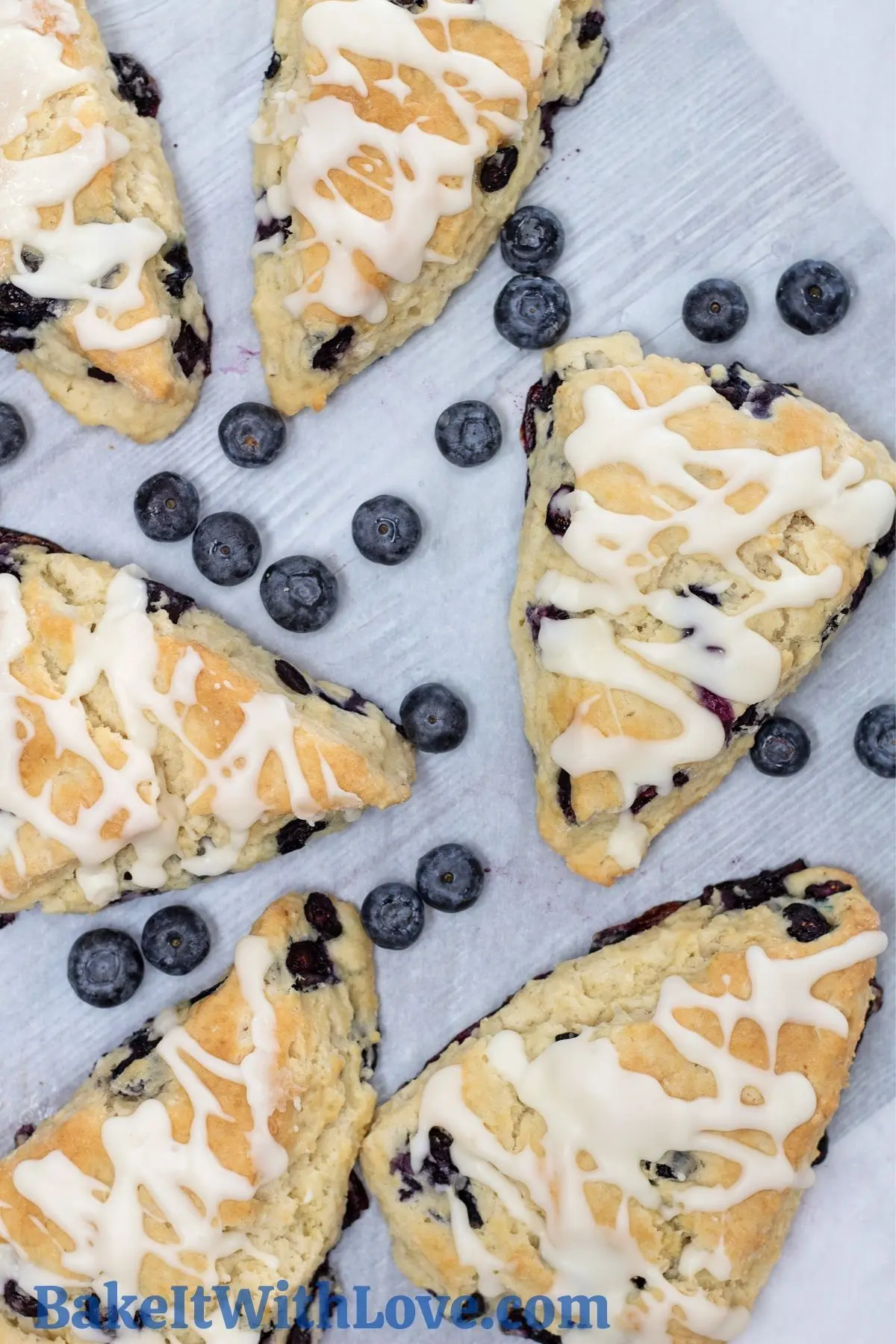 Multiple scones, iced with blueberries.