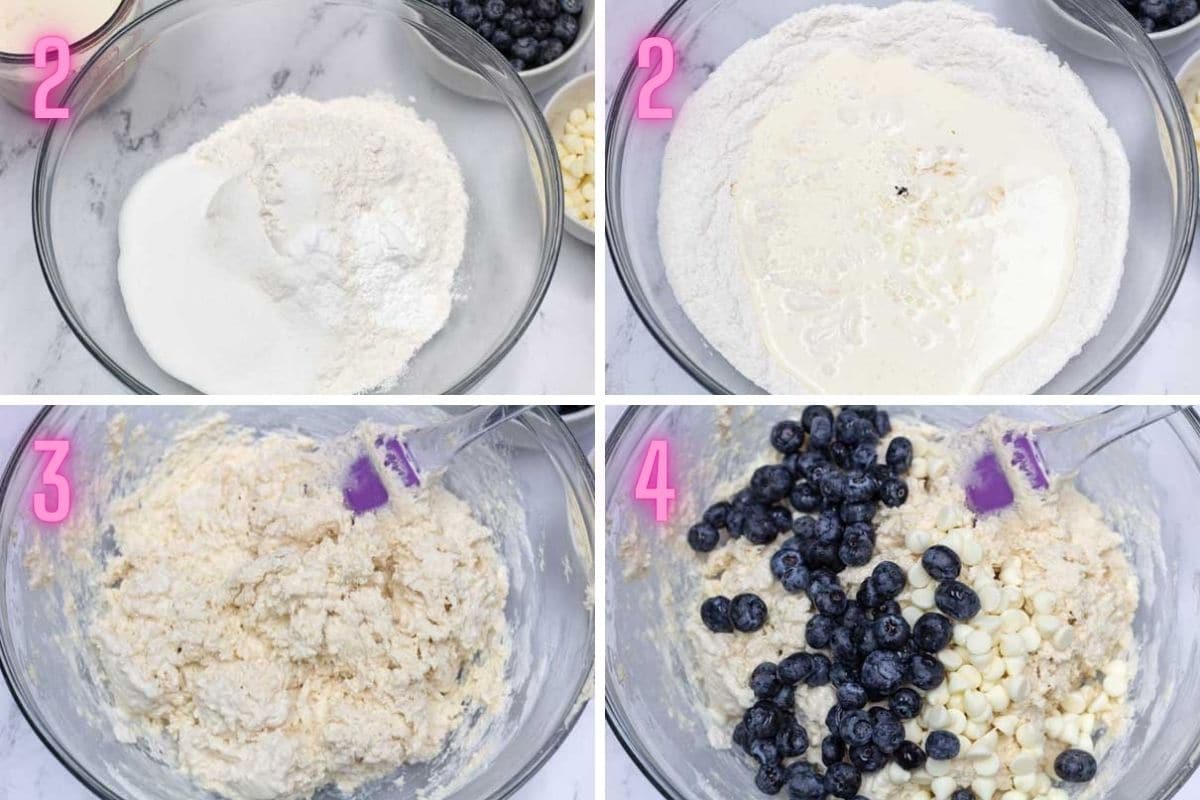 Blueberry white chocolate scones process photos of mixing the scone dough.
