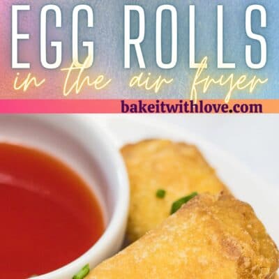 Tall pin with 2 images of the air fried frozen egg rolls on white plate and text divider.