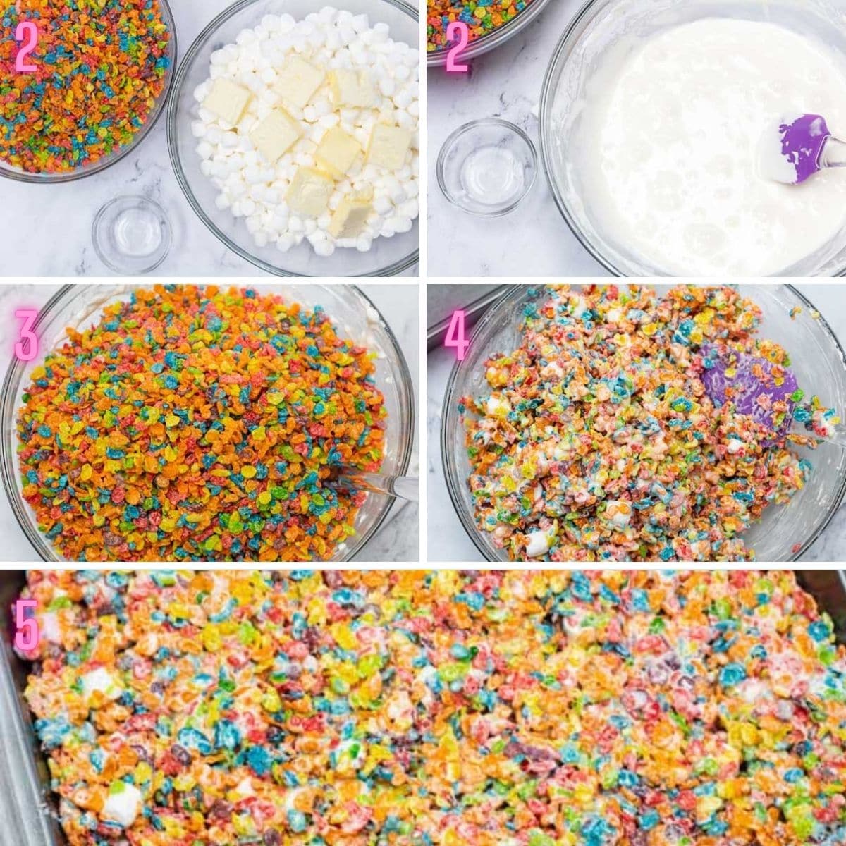 Process photos for making fruity pebbles treats.
