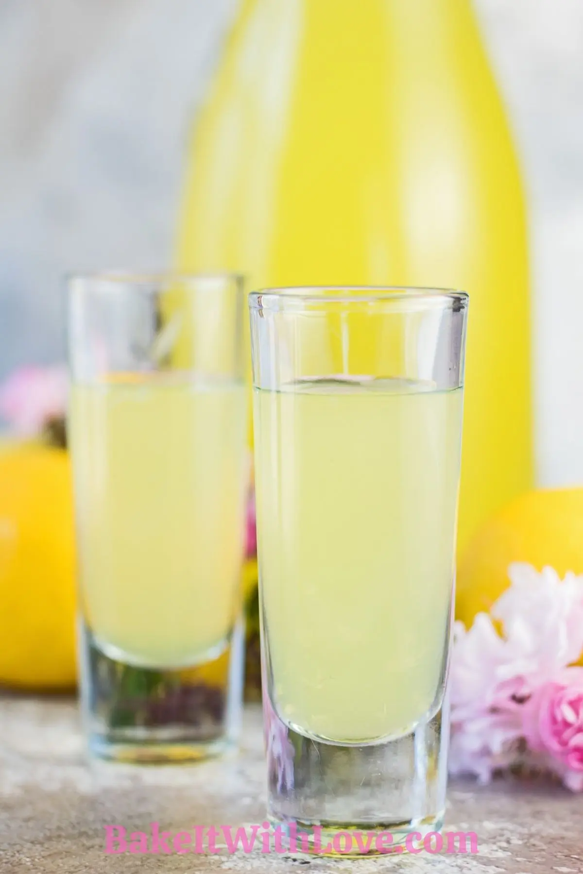 Homemade lemoncello served in small shot glasses with fruit and pink flowers in background.
