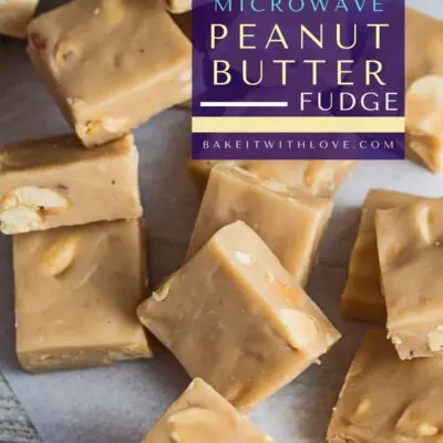 Microwave peanut butter fudge pin with text overlay and randomly arranged fudge squares.