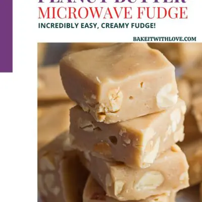 Color block pin for microwave peanut butter fudge with stacked fudge image.