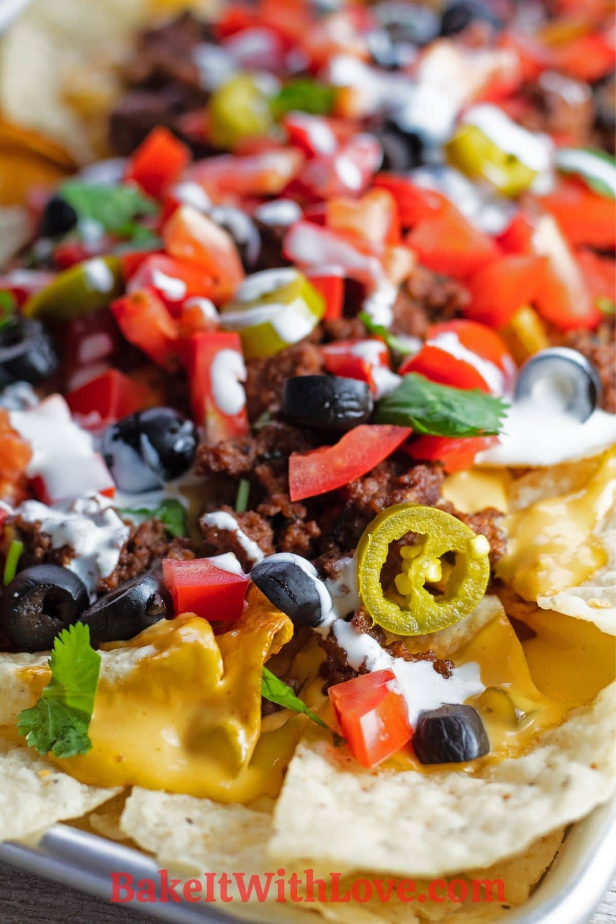 Close up of loaded nachos supreme with nacho toppings.