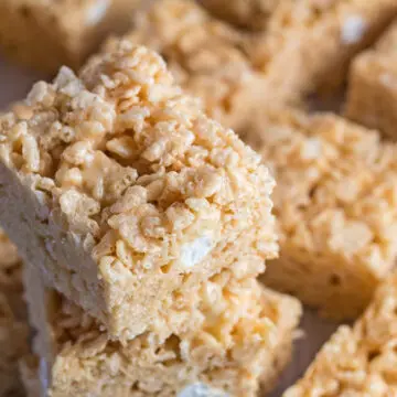 Wide image of peanut butter rice krispies.