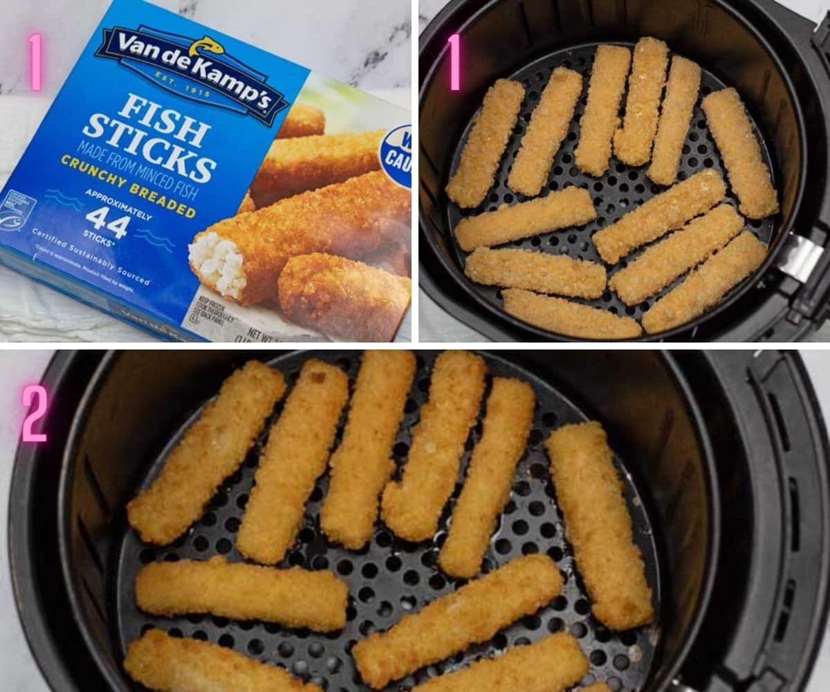 Verwerk foto's voor het bakken van bevroren vissticks in de heteluchtfriteuse.