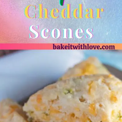 2 Images of Jalapeno Cheddar Scones piled up on a baking tray with a blue and white background.