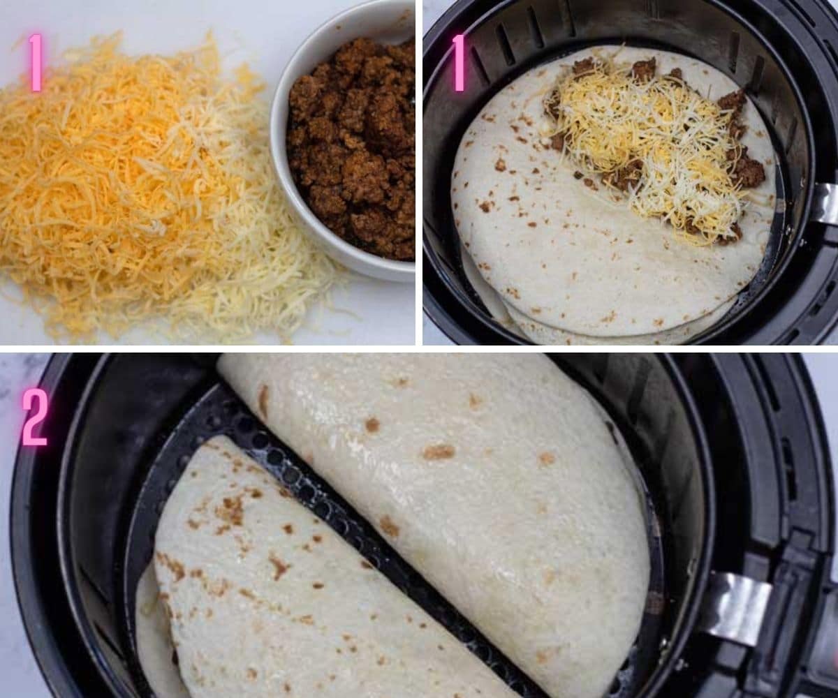 Process photos of assembling and cooking air fryer quesadillas.