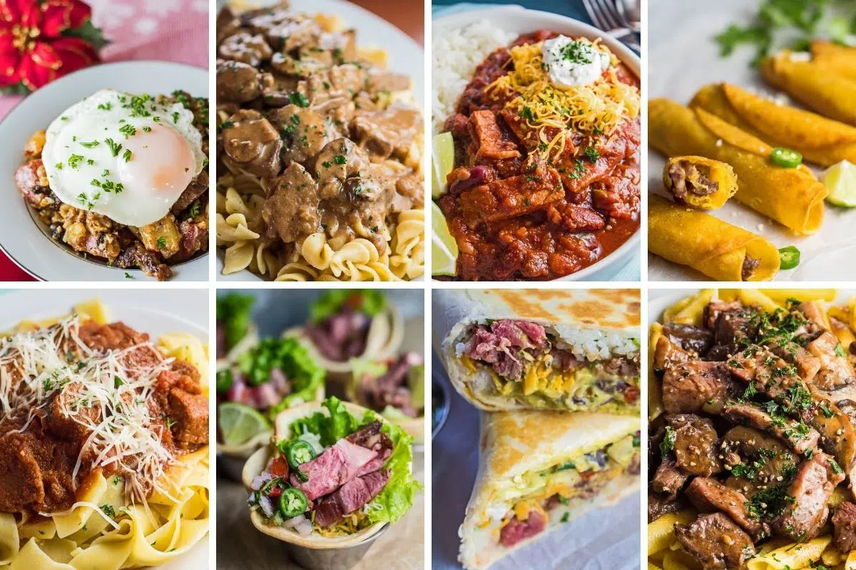 8 pane collage photo of leftover prime rib recipes.