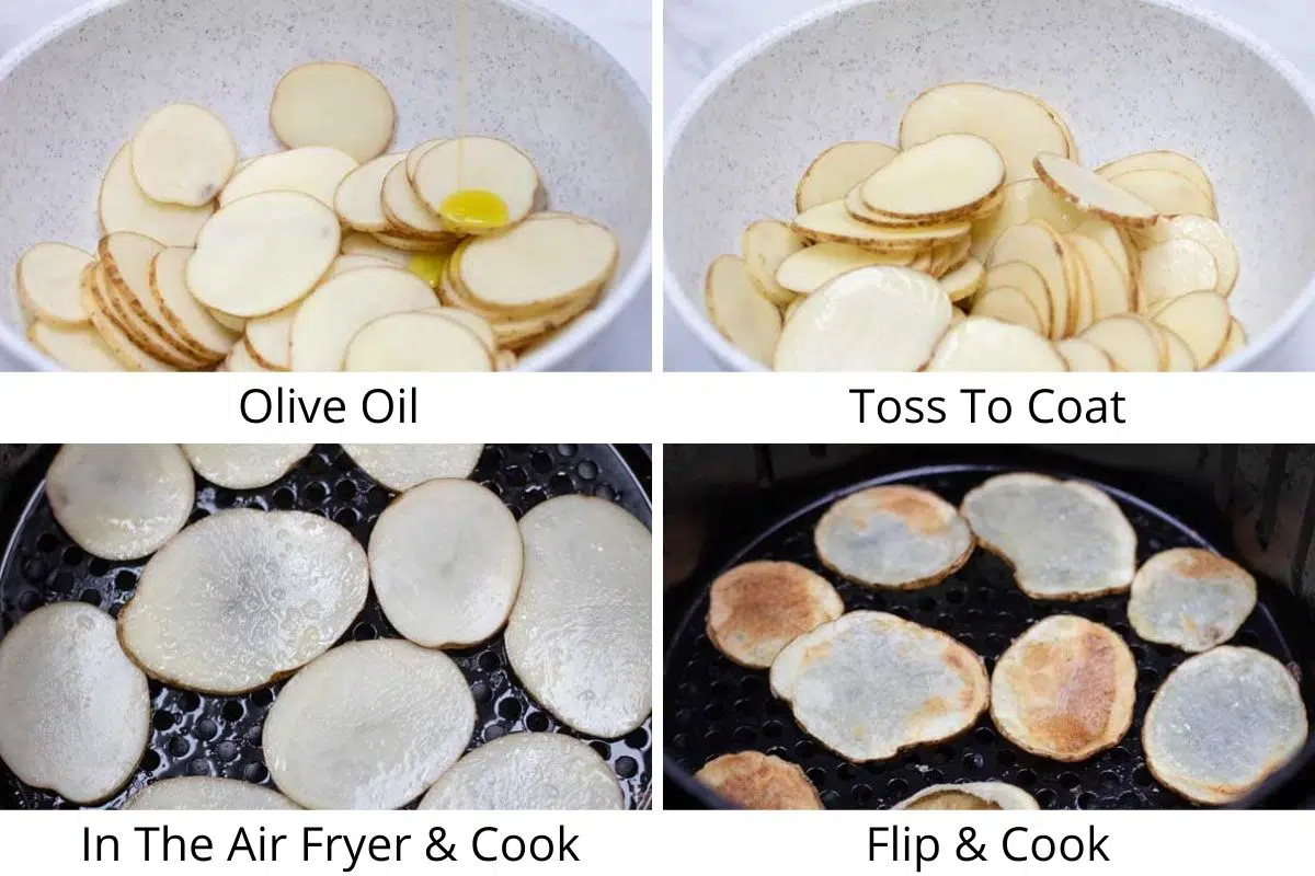 Air fryer potato chips process photos, drizzle with olive oil, toss, and air fry.