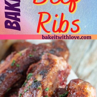 Baked beef back ribs pin with 2 images and text divider.