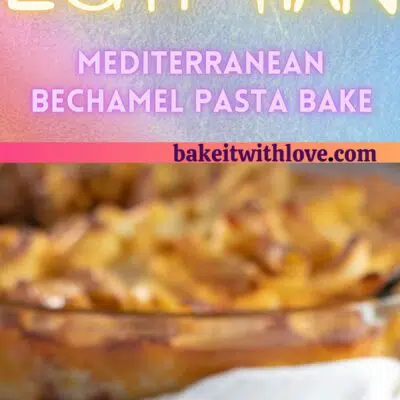 Tall pin for bechamel pasta bake or macarona bechamel with 2 images.