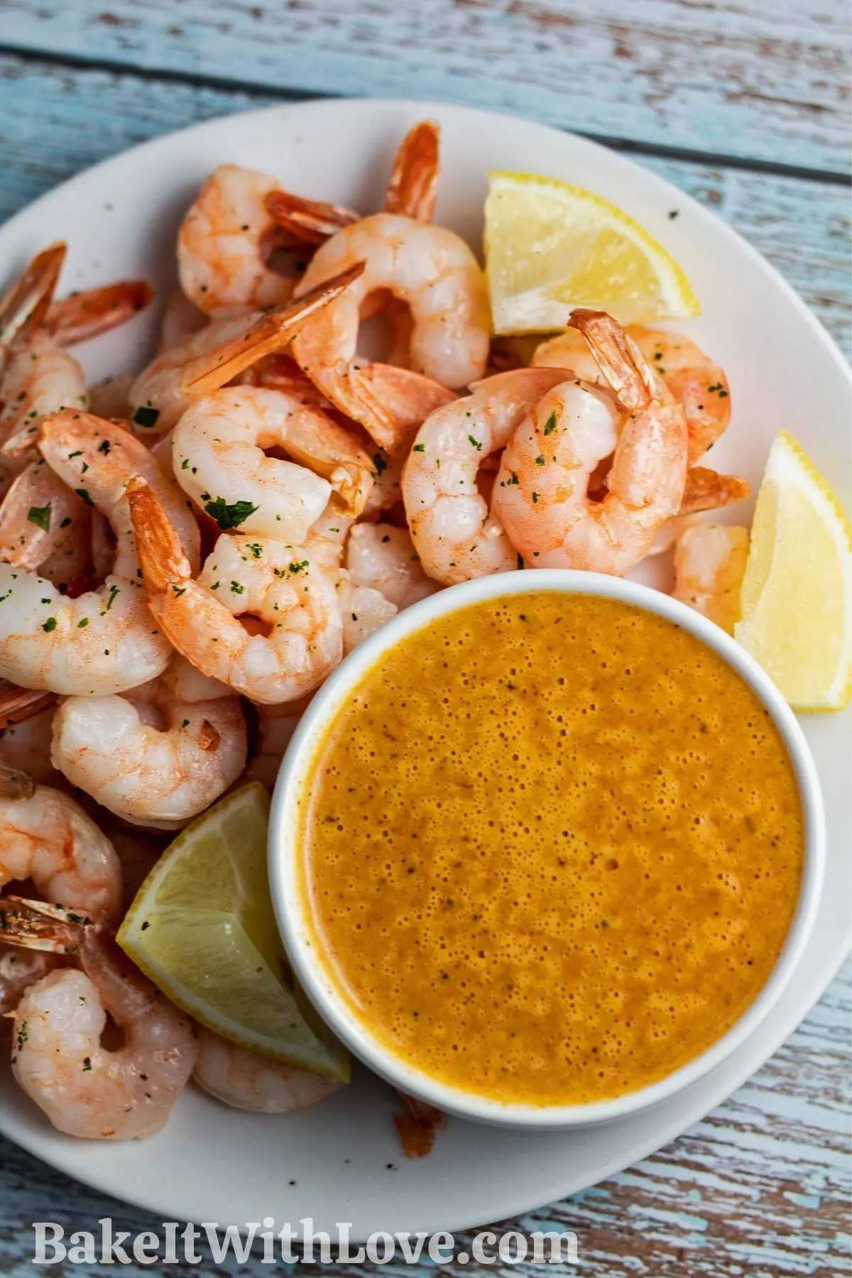 Bloves Sauce Smackalicious in a small bowl with shrimp in the background.