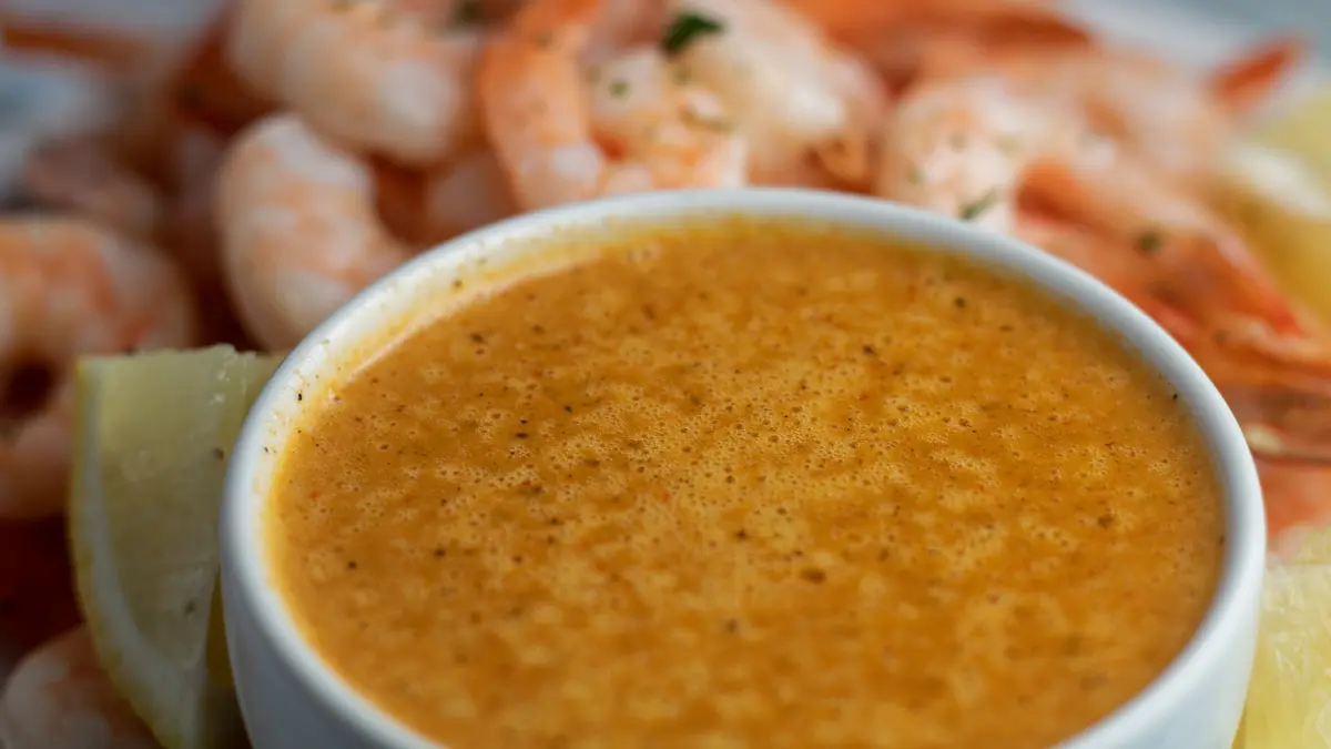 Bloves Sauce in a small bowl with shrimp in the background.